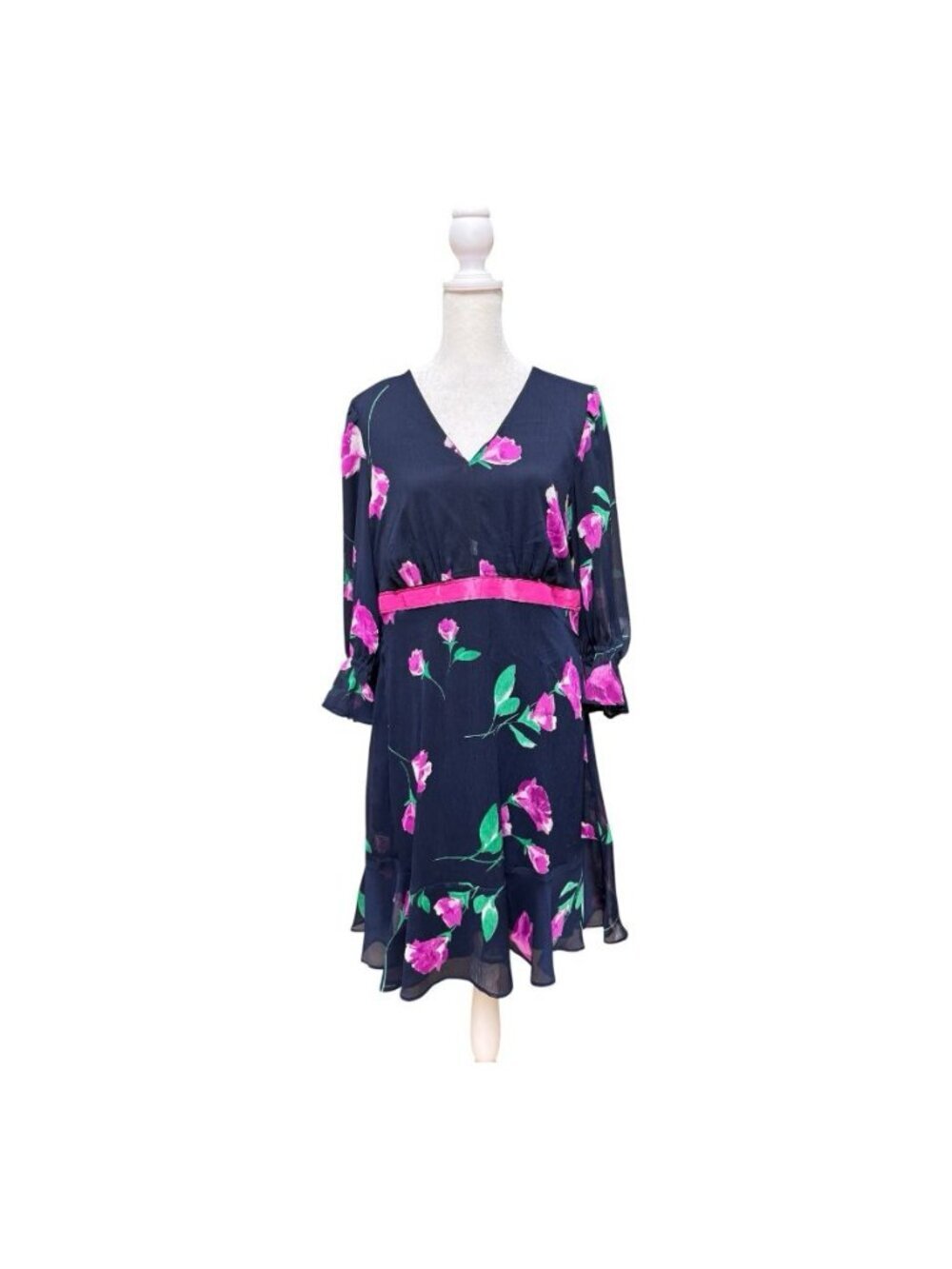 DKNY Floral Chiffon Dress Womens Size 10 Navy Pink Long Sleeve